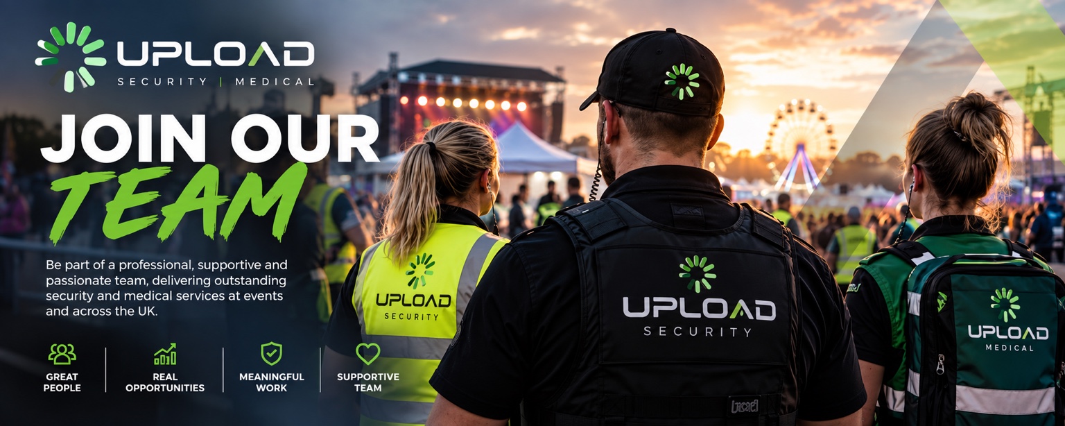 Upload Security and Medical staff at an event, with a Join Our Team message